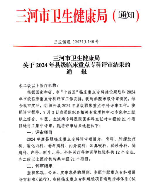 【喜报】河北燕达医院2024年再添7个县级临床重点专科建设项目